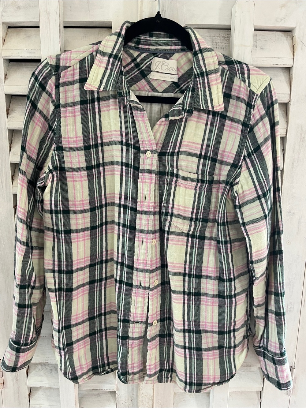 J. Crew Women’s Plaid Button-Down Shirt in Pink, Green & Cream Size 8